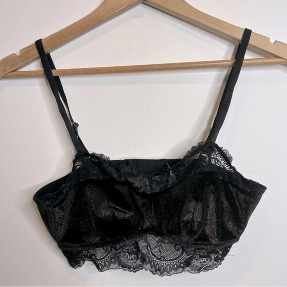 Adore Me Lace Trim Velvet Bra Bralette Black Gold - Picture 2 of 7